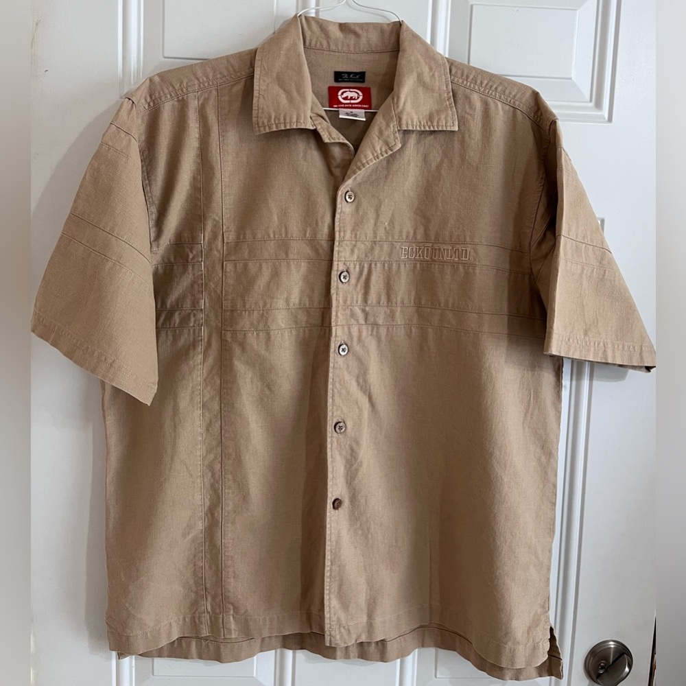 Ecko Unltd Shirt Men's M The Knute Linen‎ Cotton Tan Button Up Retro Garage Dad